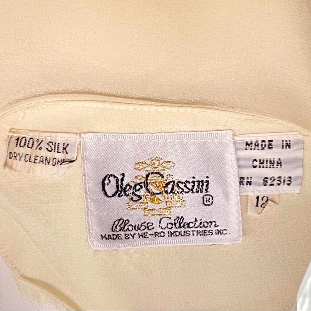 VINTAGE OLEG CASSINI cream beige silk crewneck button up short sleeve blouse top - Picture 9 of 11